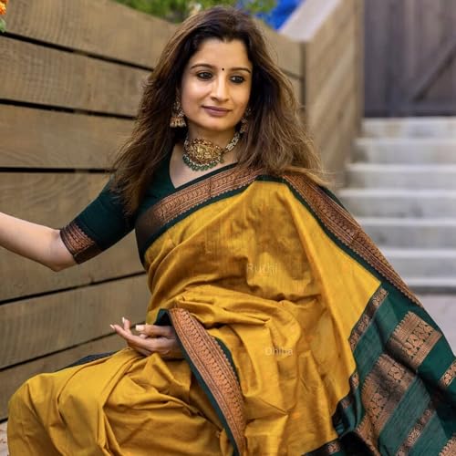 Image of DHIHA Gadwal Cotton Saree for Women | Pure Kalyani Cotton Saree with Zari Border Tassels & Blouse | Kanjivaram Linen Silk | Handloom Weave