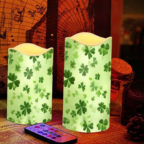 Image of Green Leaves Plastic Flameless Candles with Remote Control and Timer American Flag LED Flickering Battery Electric Pillar Candles for Home Saint Patrick's Day Decoration