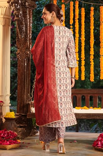 Image of Janasya Women's Georgette Yoke Zari Embroidered Ajarakh Printed Straight Kurta Set