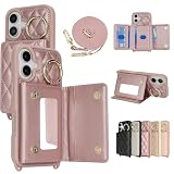 CLICSUN iPhone 17 用 ケース ショルダー 背面カード収納 あいふおん17 携帯ケース PUレザー スマホケース いphone17 対応 財布型 鏡付き ストラップ付き 斜めがけ 首掛け 肩掛け 調節可能な アイフォン17 リング付き 小銭入れ 横置きスタンド機能 おしゃれ かわいい カード入れ 軽量 耐衝撃 女性 人気 チェック柄 明るいピンク