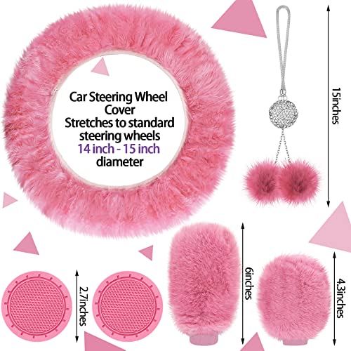 17 Pcs Car Seat Cover Full Set For Women Universal Fit Car Front Rear Seat Covers,Fluffy Steering Wheel Covers,Soft Fleece Handbrake Shift Cover,Hanging Accessory Holder Ring Emblem Sticker,Pink(Pink) #TOP4