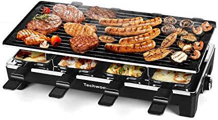 Raclette Table Grill, Techwood Electric Indoor Grill Korean BBQ Grill, Removable 2-in-1 Non-Stick Grill Plate, 1500W Fast Heating with 8 Cheese Melt Pans, Ideal for Parties and Family Fun