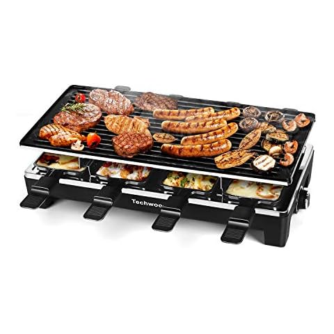 Raclette Table Grill, Techwood Electric Indoor Grill Korean BBQ Grill, Removable 2-in-1 Non-Stick Grill Plate, 1500W Fast Heating with 8 Cheese Melt Pans, Ideal for Parties and Family Fun (Black) Cover