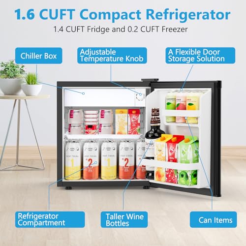 Electactic 1.6 Cu.ft Mini Fridge with Freezer, Compact Single Reversible Door Refrigerator, Adjustable Thermostat, Ultra Quiet, Energy Efficient for Office, Dorm, Bedroom, Apartment -Black