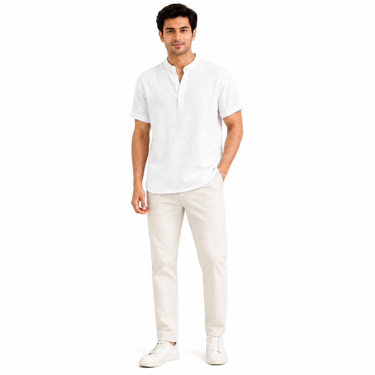 Men's Half Sleeve Textured Cotton Kurta| Mandarin/Band Collar Button Placket | Relaxed Casual Fit | Beach Holiday Summer Wear Office Wear Short Kurta for Men for Men-picture-48