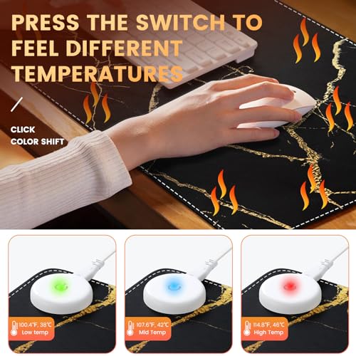 iLeadon Heated Mouse Pad, Heated Desk Mat, Electric Warm Desk Pad with 3 Heating Levels & 3 Auto Shut-Off Levels, 35.4" x 15.7" Large Safe Desk Mat Hand Warmer for Home Office Work, Black Gold Marble by iLeadon - Image 4