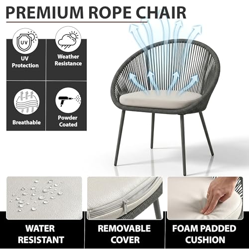 Image of BRISHI Garden Patio Seating Chair and Table Set Outdoor Balcony Garden Coffee Table Set Furniture with 1 Table and 2 Chairs Set with Cushion Braid & Rope (Black)