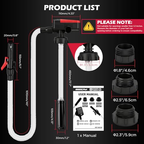 Automatic Fuel Transfer Pump with Auto-Stop Sensor(3.2 GPM), Battery Operated Gas Can Pump with 3 Can Adapters, Extra Long Hose, Portable Fuel Pump for Oil, Diesel, Gasoline (Batteries Not Included)