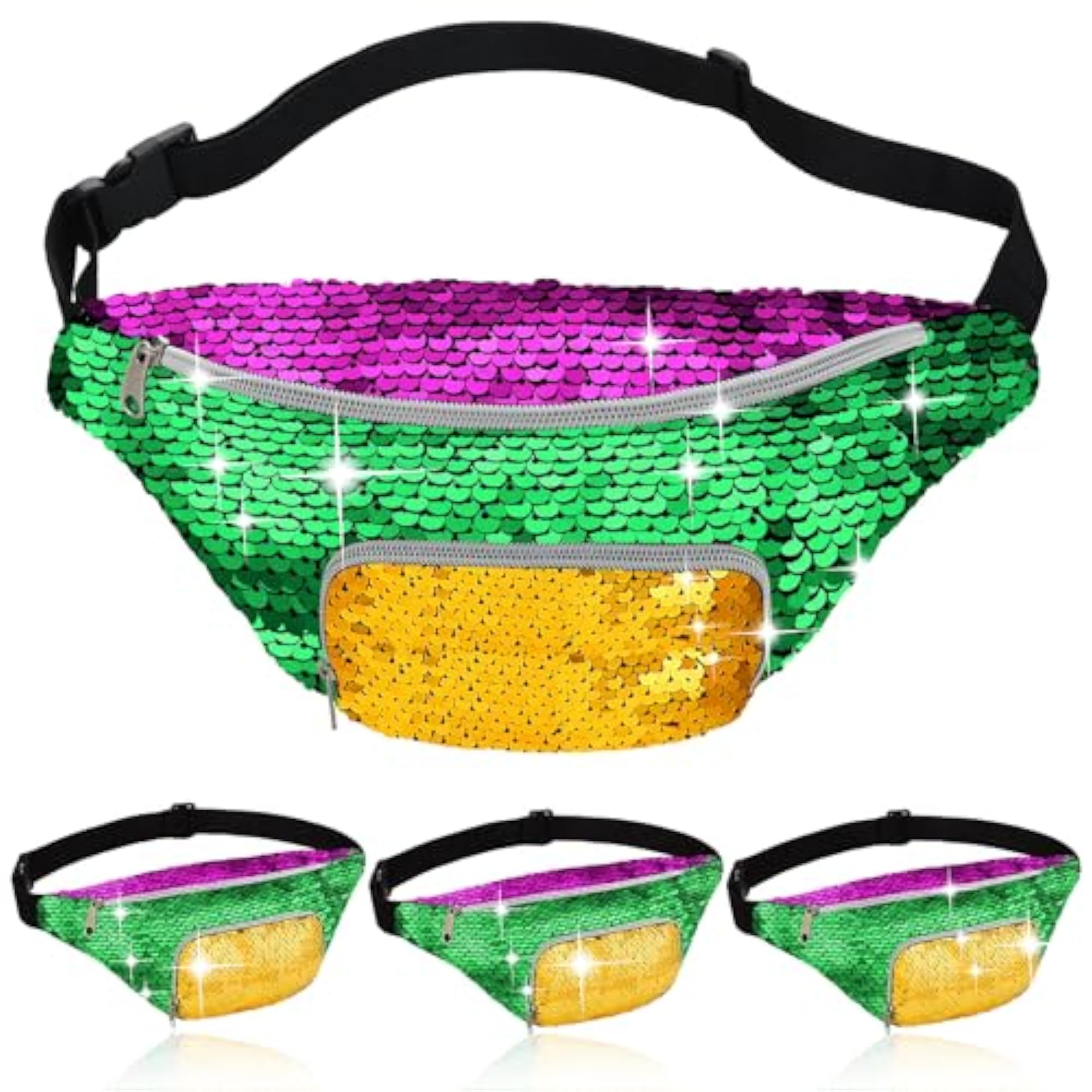 4 Pcs Mardi Gras Sequin Fanny Pack Set, Adjustable