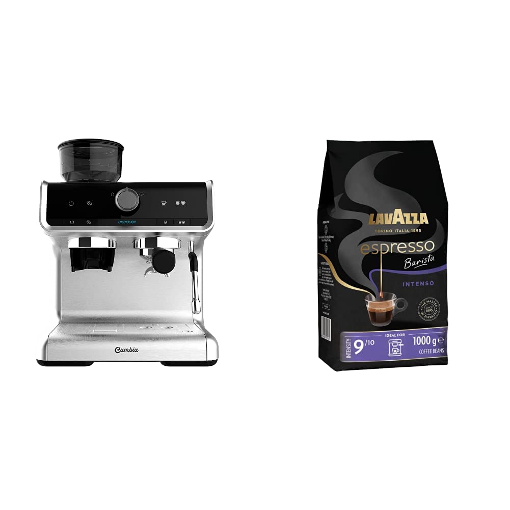 Cecotec Cafetera Express, Capacidad para 250g de Café, 1550 W, 30 Niveles de Molido + Lavazza Espresso Barista Intenso, Café en Grano Tostado, Notas de Cacao y Madera, Intensidad 9, Tueste Medio, 1kg