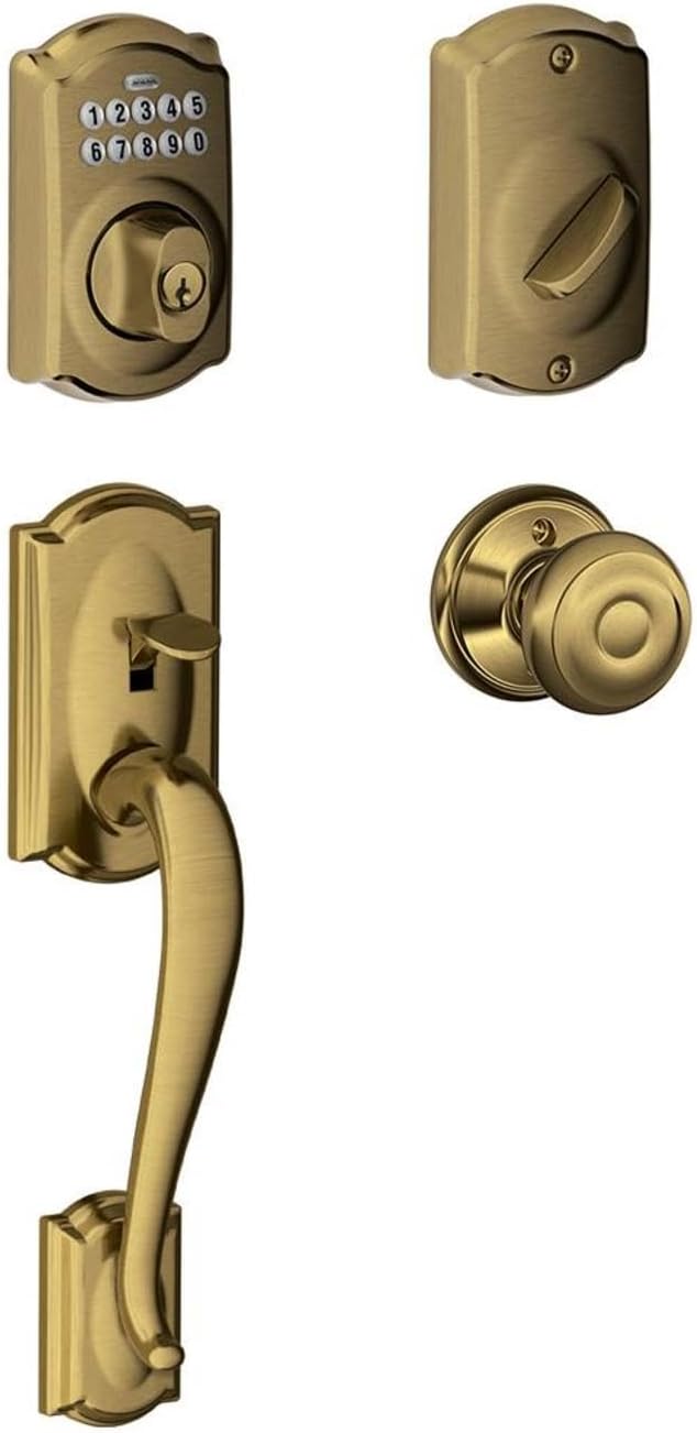 SCHLAGE FE365-CAM-GEO Camelot Electronic Handleset with Georgian Knob - Antique Brass