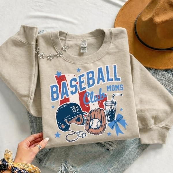FITIN Retro Baseball Moms Club Graphic Crewneck Sweatshirt, Game Day Sports Mom Group Design, Sports Mom Gift Idea