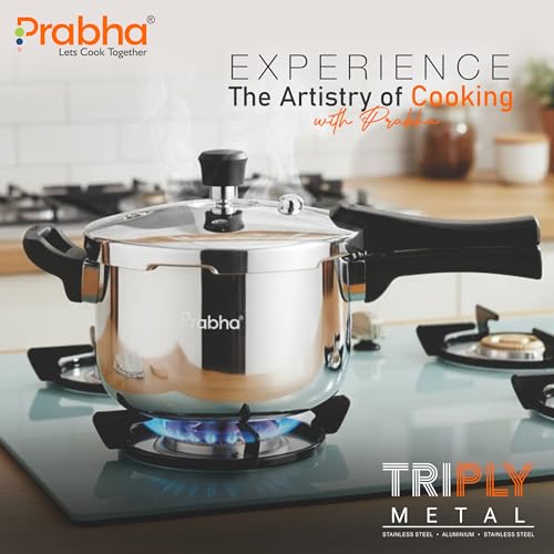 Image of Prabha Stainless Steel Pressure Cooker Outer Lid 1.5 Litre | Tri-Ply Kalash Cookers Bakelite Handle | Kitchen Cookware Pots & Pans | ISI Certified Fast & Safe Healthy Cooking | Gas & Induction