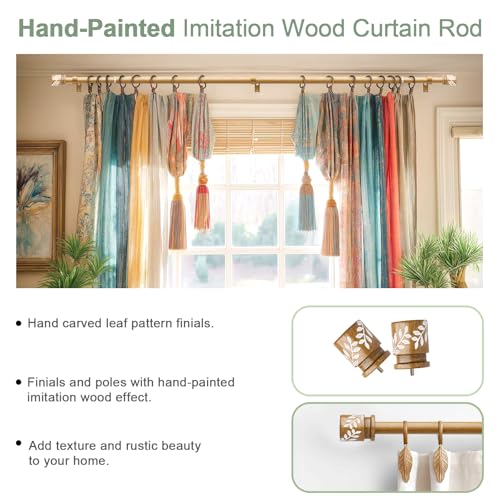 QDWIS Natural Wood Curtain Rods for Windows 48 to 84 inch Boho Decorative Handmade Wood Grain Drapery Rods with Leaf Finial 1" Adjustable Heavy Duty Curtain rod for Living Room Bedroom Kitchen by QDWIS - Used condition - Image 4