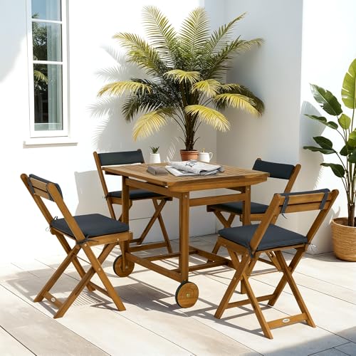 Outsunny 5 Pieces Patio Dining Set for 4, Wheeled Table and Folding Chairs with Cushions, Wood Patio Table and Chairs, Outdoor Furniture Set for Garden Backyard Poolside, Teak - Image 3