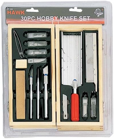 BLADE KING 30 Piece Hobby Knife Set With Custom Fit Wooden Case: PL-01630