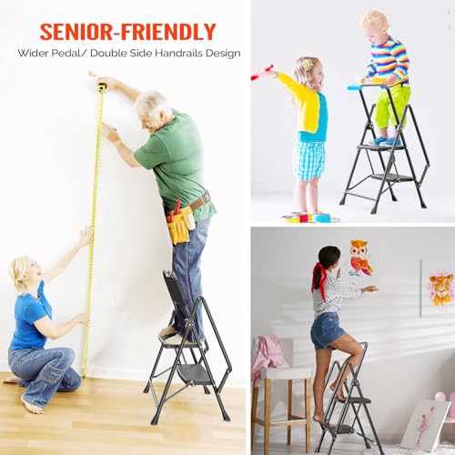 LUISLADDERS 2 Step Ladder with Handrails, Folding Step Stool with Widened Anti-Slip Pedal, 500lbs Lightweight Step Ladder 2 Step Folding, Multi-use for Home Kitchen Pantry Office, Black - Thumbnail 6