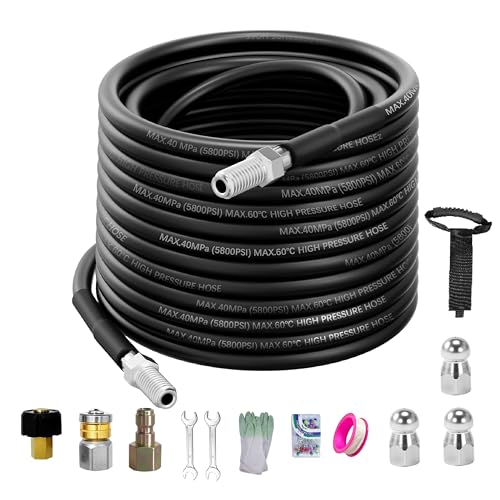 LycorTrade Sewer Jetter Kit for Pressure Washer 100FT, 5800PSI Water Jet Drain Cleaner Hose with 4 Sewer Jetting Nozzles, 1/4 Inch NPT Corner, Waterproof Tape and Handle Strap