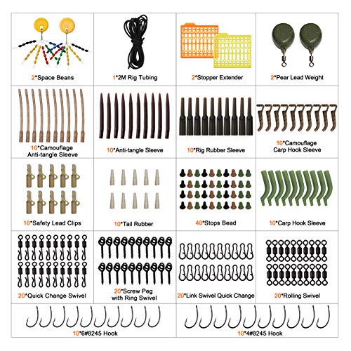 Jshanmei 217Pcs Carp Fishing Tackle Kit Including Anti-Tangle Sleeve Line Aligner Bait Screw Stoper Carp Hook Sinker Weight Carp Fishing Terminal Tackle Box #TOP4