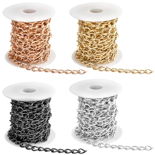 Milkary 4 Rolls 39.37 Feet in Total Aluminium Curb Chains, Twisted Links Curb Chain with Spool, Oval Cross Jewelry Chains for Jewelry Making DIY Bracelet Necklace (Gold, Silver, Rose, Black)