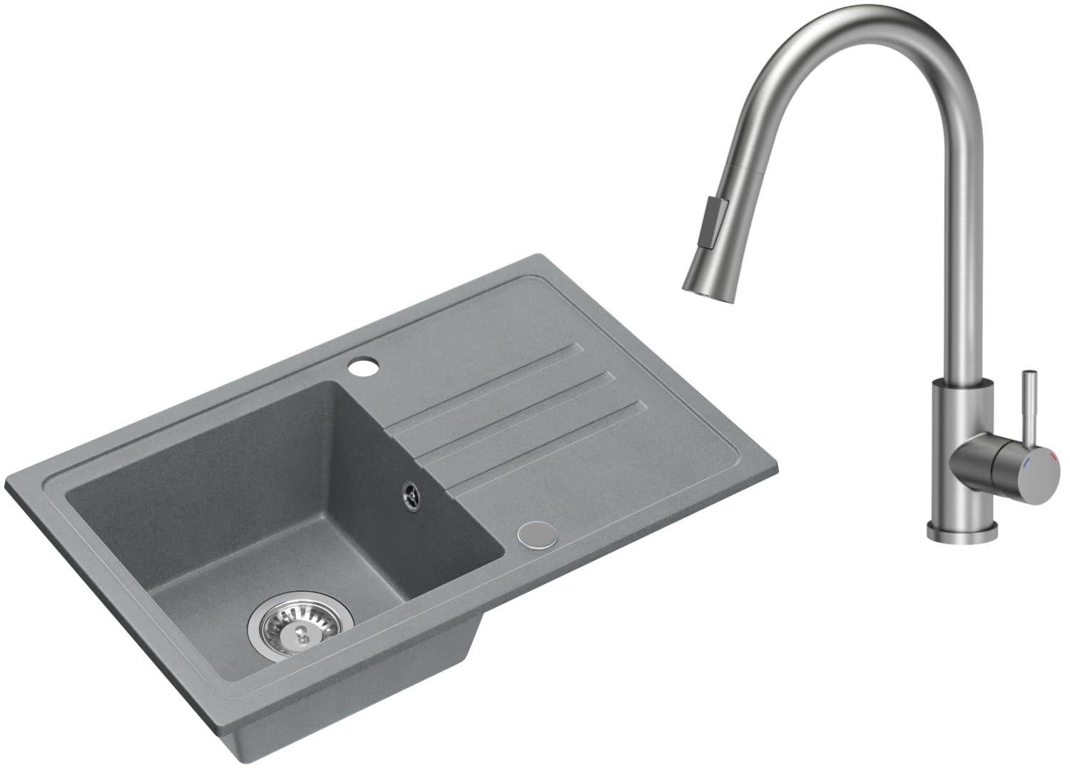 VBChome Fregadero de granito gris con grifería, 70 x 44 cm, fregadero individual, empotrable, moteado, reversible, de granito, sifón, grifo, acero inoxidable, caño extensible