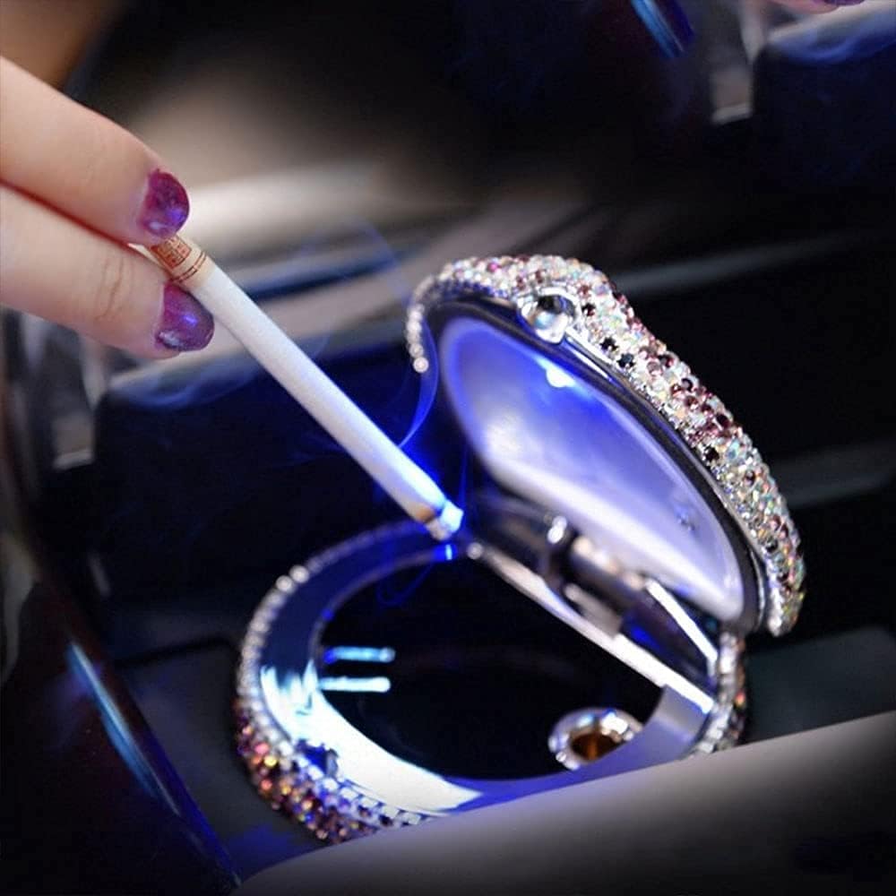 Crystal Rhinestone Car Ashtray with Lid Smell Proof Led Light Smokeless Stand Ashtray Cylinder Gift for Girls or Ladies