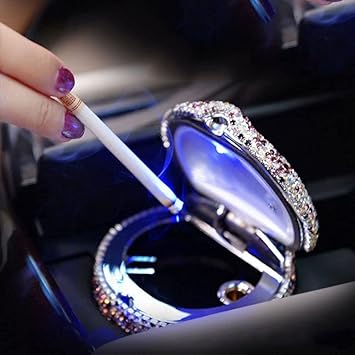 Crystal Rhinestone Car Ashtray with Lid Smell Proof Led Light Smokeless Stand Ashtray Cylinder Gift for Girls or Ladies