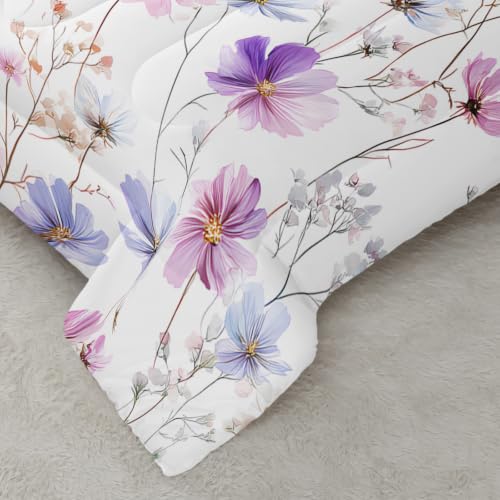 Image of AILONEN Delicate Floral Comforter Set Full Size, Lavender Stem Bedding Ensemble, Airy Blossom Bedspread Quilt with 2 Pillowcases for Teen Room