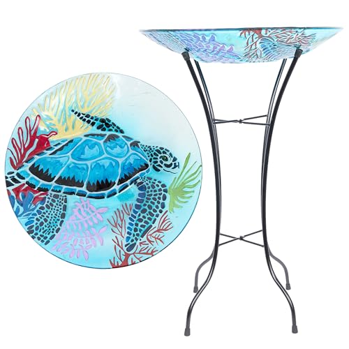 Alpine Corporation 26" Tall Outdoor Glass Turtle Accent Birdbath with Metal Stand and Detachable 18" diam Bowl, Garden Decor, Blue