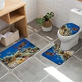 Salle de Bains 3Pcs Bath Mat Antidérapant et Absorbant,Poissons Vieille Tortue Imbriquée Flotte Sous Eau Sur Les Récifs Coralliens Dahab Mer RBathroom Set Non-Slip Toilet Lid Cover and Bath Mat