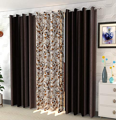 SB INDIA Designer Polyester Long Crush Floral and Plain 3 Piece Curtain Set (Brown, 9 Feet) (B092R4N3N1) Amazon Price History, Amazon Price Tracker