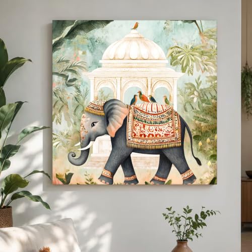 Image of PAINTINGMANTRA Classic Indian art Of Elephant in Mughal Garden | Canvas Painting Stretched on Wood | Suits For Living Room, Bedroom, Hallways (22x22 Inch)