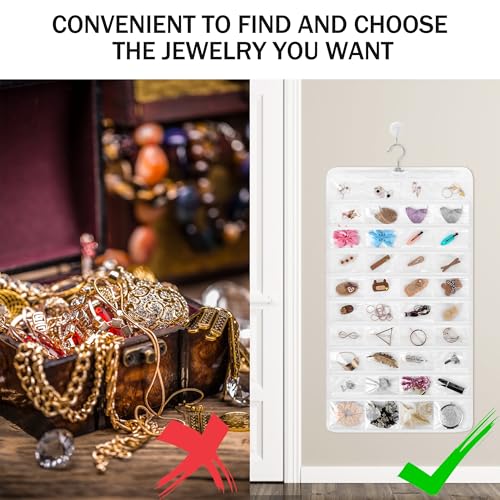 Yesaler Schmuck Organizer zum Aufhängen Aufbewahrungstasche Doppelseitig mit Haken 80 Taschen für Haarzubehör Ohrringe Halsketten