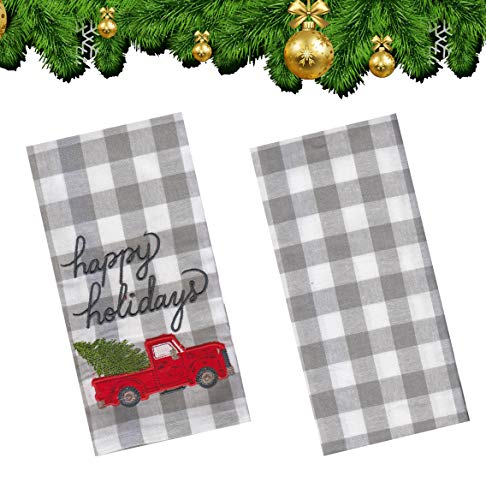 St. Nicholas Square Kitchen Hand Towels, Set Of 2, Happy Holidays Appliqued Embroidery Red Truck Grey And White Buffalo Plaid Flat Cotton Dishtowels For Home Decorating, 16.5 X 25 Inches #TOP5