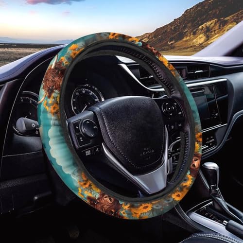 JOAIFO Highland Cow Sunflower Steering Wheel Cover Protector, Soft Steering Wheel Covers, Skin-Friendly and Breathable, Fashion Car Accessories
