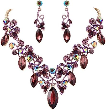 BriLove Women’s Costume Fashion Crystal Floral Vine Leaf Statement Necklace Dangle Earrings Set