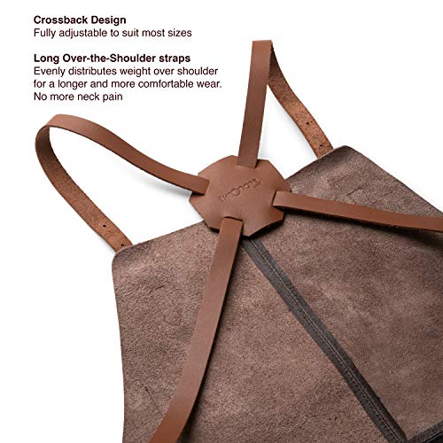 Miniatura 4 de Theodore Delantal De Piel Con Diseño De Espalda Cruzada - Ideal Para Taller De Carpintería O Cocina Para Barbacoa - 3 Bolsillos Para Herramientas