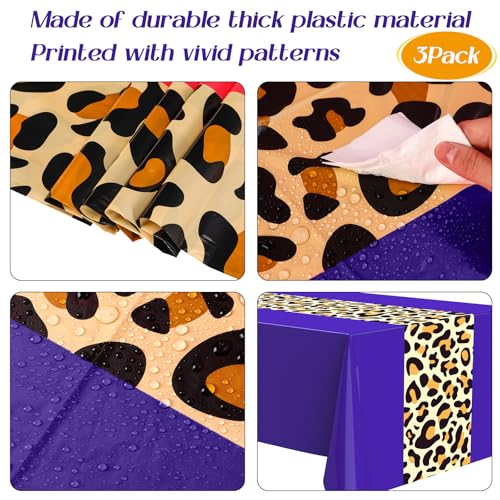 Image of Buryeah Leopard Print Tablecloth 54 x 108'' Leopard Plastic Table Cover Disposable Safari Animal Cheetah Print Party Decorations for Baby Shower Wedding Birthday Party Favors(Purple,3 Pcs)