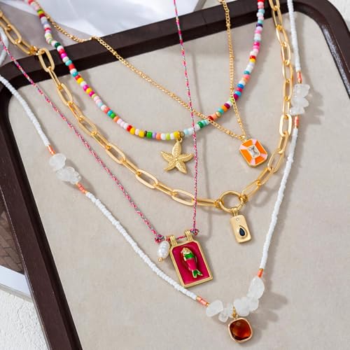 Pendant Necklace Set Bohemian Style Beaded Fish Star 5 Layered Collarbone Chain, Handcraft Jewelry Accessory for Vacation Party Daily Accessories3