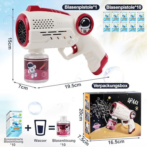 Maszyna do baniek mydlanych dla dzieci, pistolet do baniek mydlanych z oświetleniem LED i zbiornikiem 100 ml, automatyczny pistolet do baniek mydlanych, 10 opakowań w płyn, do zabawy na świeżym