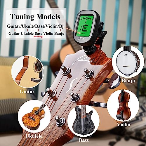 ranch guitar tuner clip on for acousticelectric guitar ukulele violin bass banjo and chromatic tuning modes - classical black