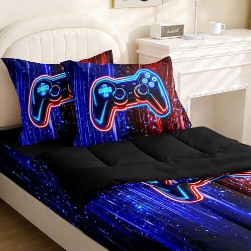 Image of Kids Comforter Set,Zipper Bedding Twin for Teen,Gaming Printed Comforter Set with Fitted Sheets and Pillowcases for All Season(Red-Blue Gamepad Twin)