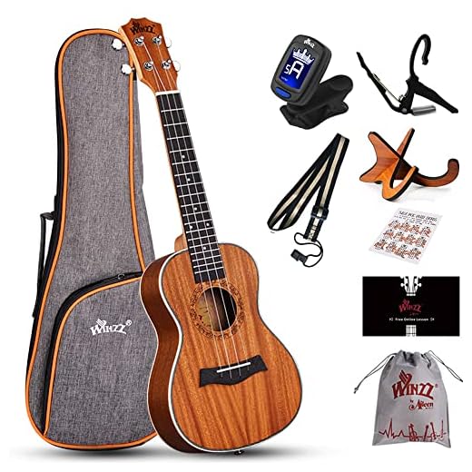 Winzz Ukelele Concierto de 23 Pulgadas, Conjunto para principiantes de Caoba para Adultos y Estudiantes con Soporte de Madera para Ukelele, Bolsa Acolchada, Cejilla de Metal, Correa, Pegatina de Notas