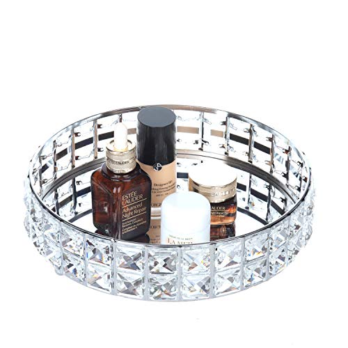 Feyarl Anti-Scratch Glass Mirror Surface Crystal Vanity Makeup Tray Ornate Jewelry Trinket Tray Organizer Sparkly Bling Cosmetic Perfume Bottle Tray Decorative Home Decor Dresser Skin Care Storage