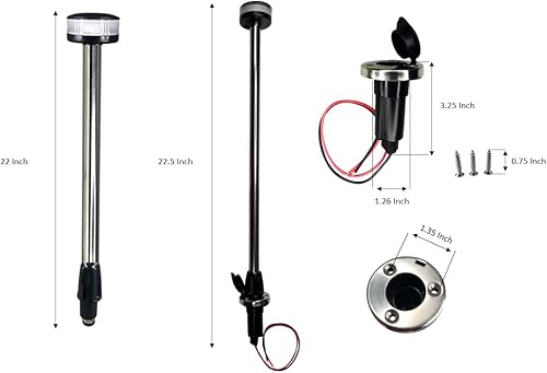 Miniatura 6 de Pactrade Marine Luz LED redonda, luz de popa, luz de anclaje, luz de poste LED de navegación de barco con poste estándar de 22 pulgadas con base