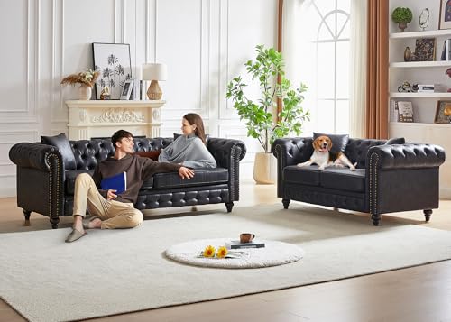 Image of 2 Piece Living Room Sofa Set,Faux Leather Button Tufted Couch and Loveseat Set with Nailhead Trim&Roll Armrests,Mid Century Modern Chesterfield Sofa for Living Room,Office(Loveseat+3 Seater,Black)