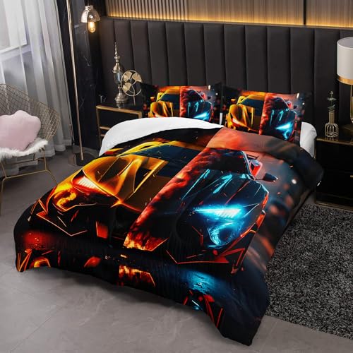 Image of Boys Comforter Set Twin Size Race Car,Kids Twin Size Blue and Red Race Car Bedding Set,Race Car Quilt Twin with 1 Comforter with 2 Pillow Case,Kids Race Car Themed Bedroom Decor for Boys