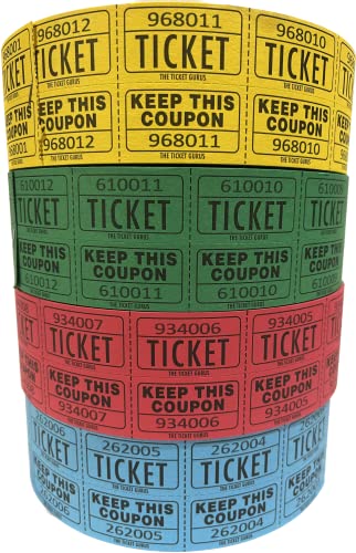 The Ticket Gurus Raffle Tickets - (4 Rolls Of 2000 Double Tickets) 8,000 Total 50/50 Raffle Tickets (Blue/Yellow/Red/Green) #TOP6