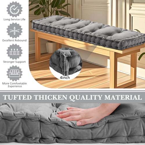 Threehoney Bench Cushions for Indoor Furniture 42x16 in Velvet Kitchen Dining Piano Window Seat Cushion, Tufted Patio Porch Swing Thicken Bench Pad Memory Foam(Gray)