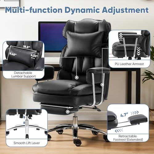 Image of DUMOS Home Office Desk Executive Chair - Ergonomic Big Tall High Back with Footrest & Lumbar Support, Reclining Height Adjustable, Comfy PU Leather Computer Gaming with Swivel Wheels, Black